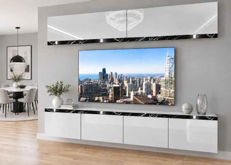Mobilă de sufragerie Prestige 200 cm TV/RTV alb lucios Producător IMP P Brando 6/5/W/W/0/0/CS