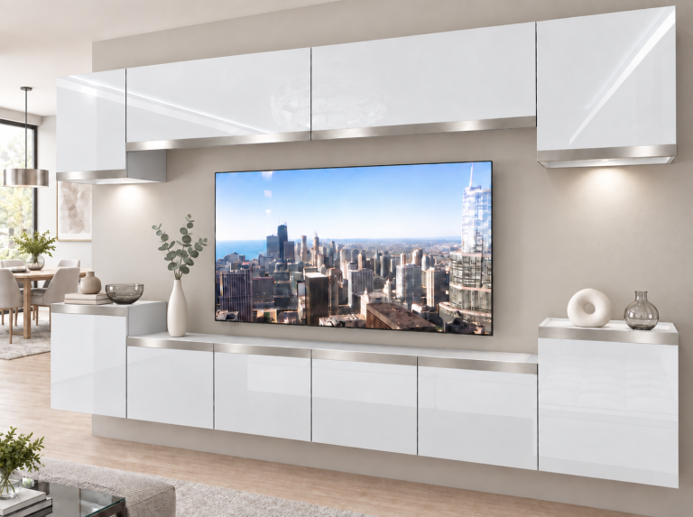 Mobilă de sufragerie  Prestige 300 cm TV/RTV alb lucios Producător IMP P Hepburn 4/5/W/W/0/0/SL