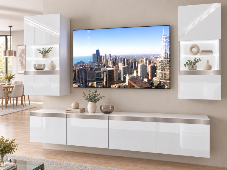 Mobilă sufragerie Prestige 200 cm pentru TV/RTV, gri lucios, Producător: IMP P Keanu 7/5/W/W/0/0/SL