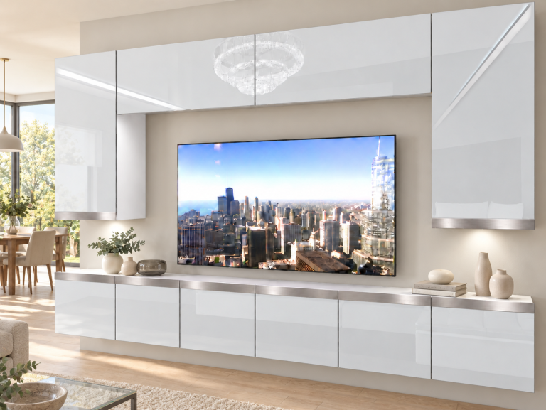 Mobilă de sufragerie Prestige 300 cm TV/RTV alb lucios Producător IMP P Monroe 2/5/W/W/0/0/SL