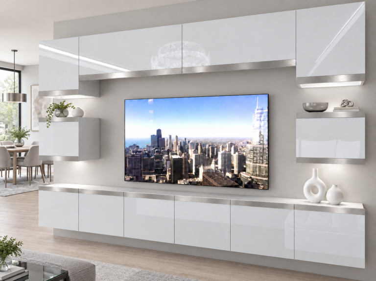 Mobilă de sufragerie  Prestige 300 cm TV/RTV alb lucios Producător IMP P Tarantino 3/5/W/W/0/0/SL