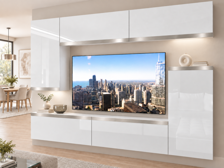 Mobilă sufragerie Prestige 250 cm pentru TV/RTV, alb lucios, Producător: IMP P Woody 8/5/W/W/0/0/SL