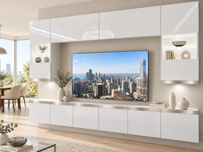 Mobilă de sufragerie Prestige 300 cm TV/RTV alb lucios Producător IMP P1 Nolan 1/5/W/W/0/0/SL