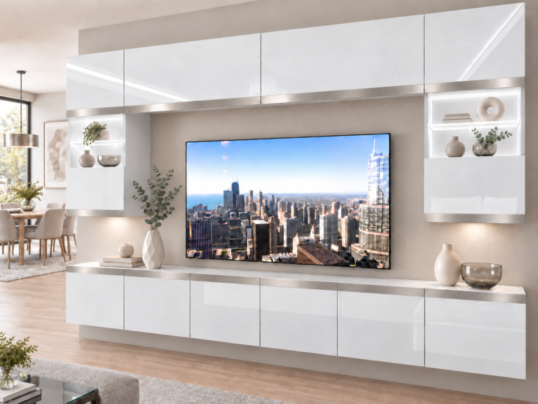 Mobilă de sufragerie Prestige 300 cm TV/RTV alb lucios Producător IMP P2 Nolan 1/5/W/W/0/0/SL