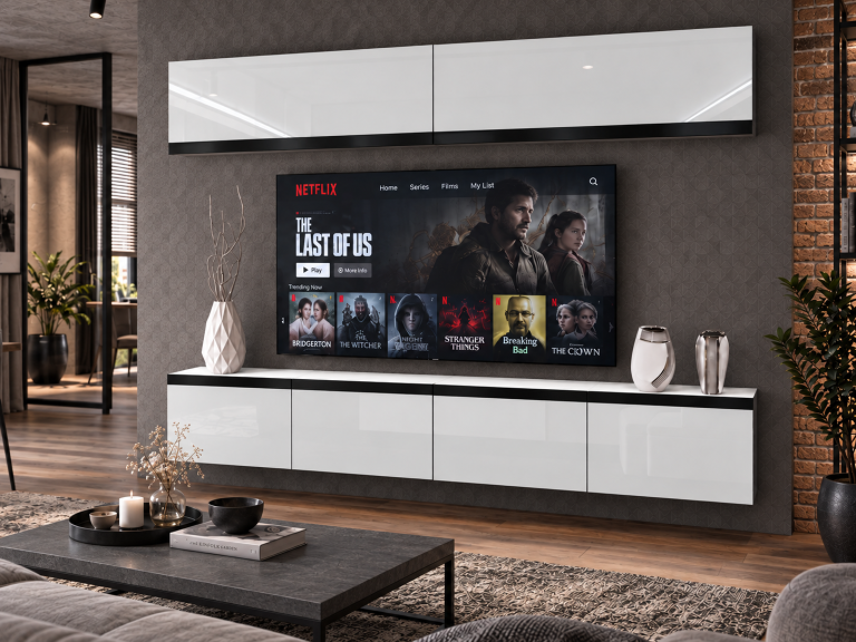 Mobilă de sufragerie Prestige 200 cm TV/RTV alb lucios Producător IMP P Brando 6/5/W/W/0/0/CM