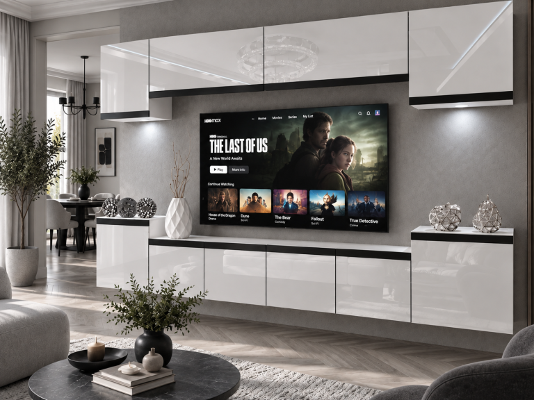 Mobilă de sufragerie Prestige 300 cm TV/RTV alb lucios Producător IMP P Hepburn 4/5/W/W/0/0/CM