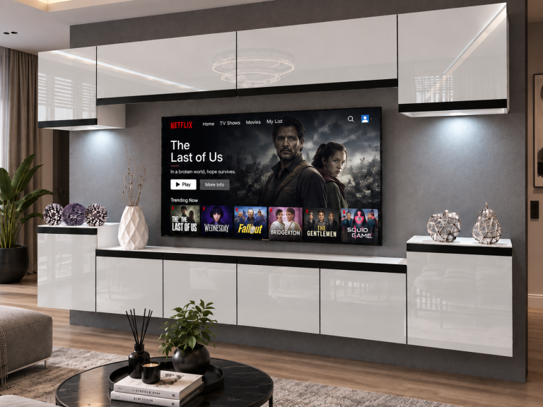 Mobilă de sufragerie Prestige 300 cm TV/RTV alb lucios Producător IMP P Hepburn 4/5/W/W/0/0/CM