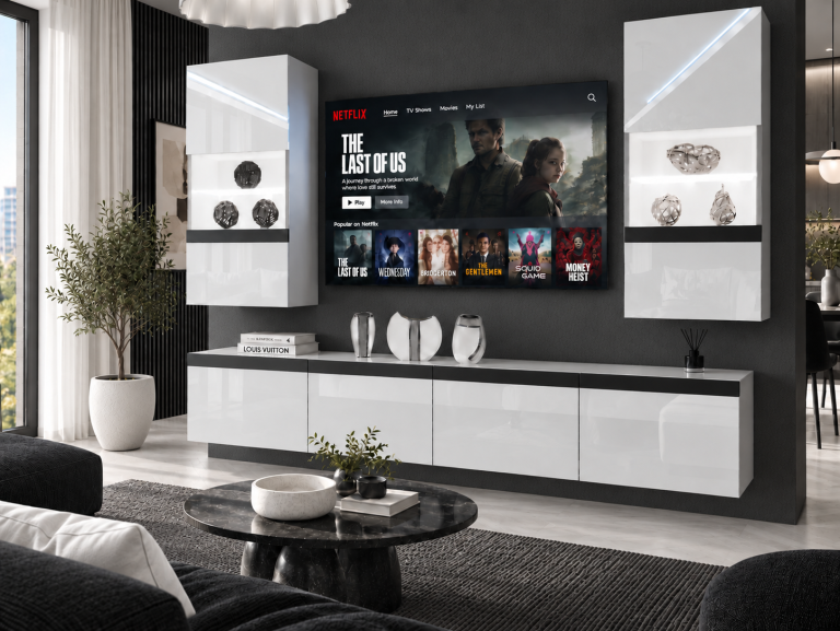 Mobilă sufragerie  Prestige 200 cm pentru TV/RTV, alb lucios, Producător: IMP P Keanu 7/5/W/W/0/0/CM