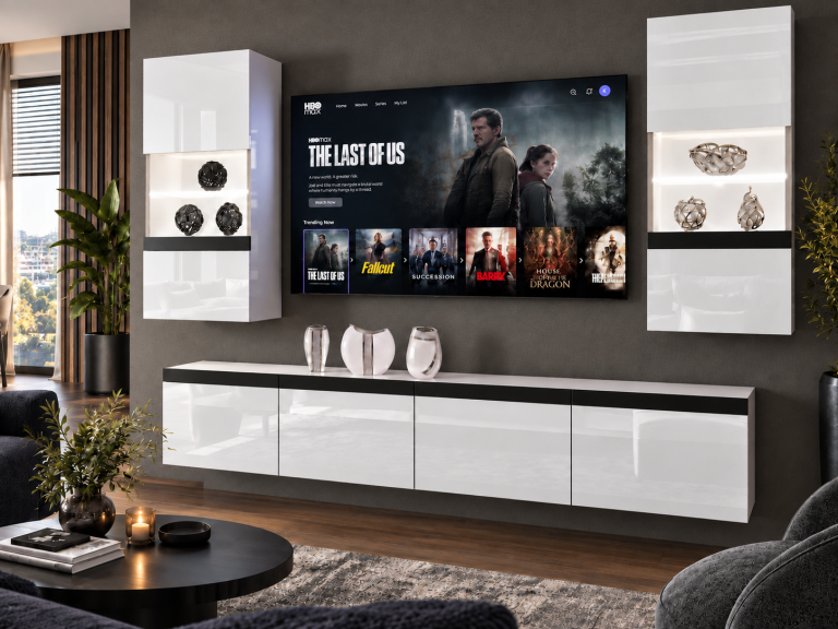 Mobilă sufragerie  Prestige 200 cm pentru TV/RTV, alb lucios, Producător: IMP P Keanu 7/5/W/W/0/0/CM