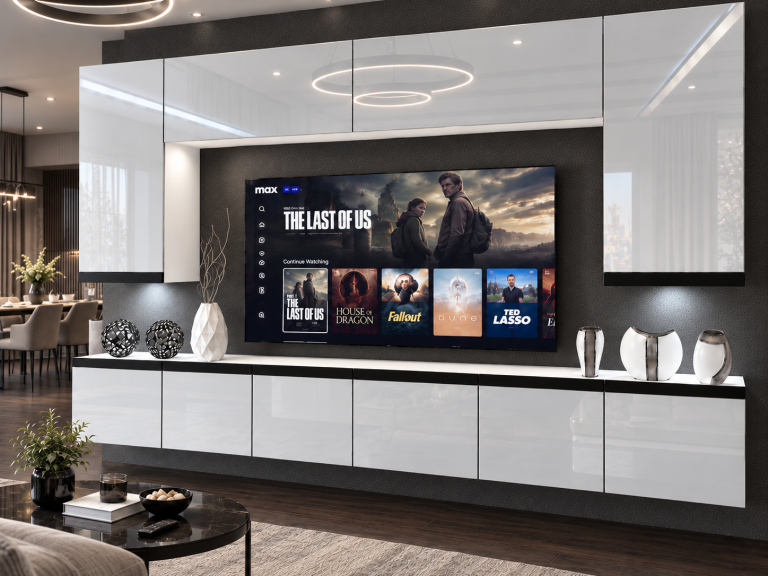 Mobilă de sufragerie Prestige 300 cm TV/RTV alb lucios Producător IMP P Monroe 2/5/W/W/0/0/CM