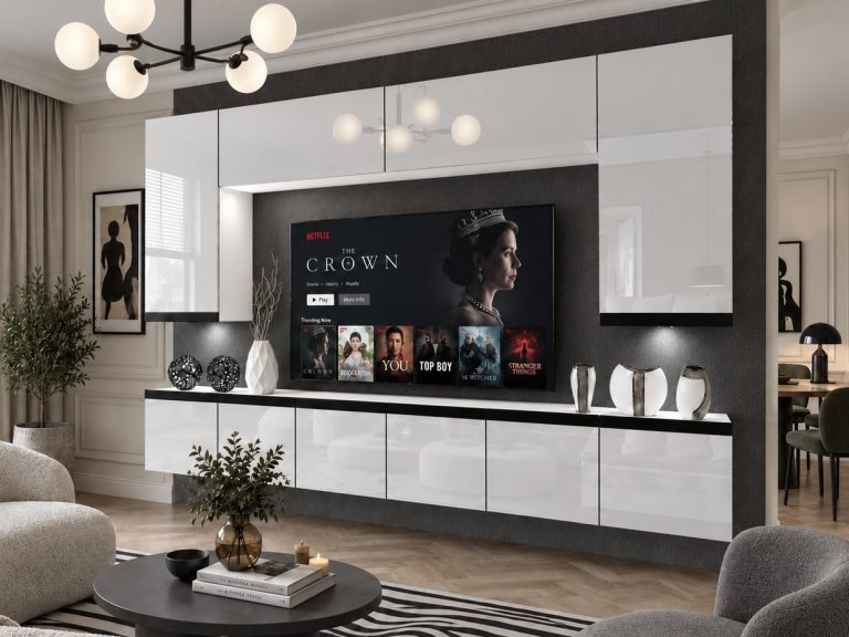 Mobilă de sufragerie Prestige 300 cm TV/RTV alb lucios Producător IMP P Monroe 2/5/W/W/0/0/CM