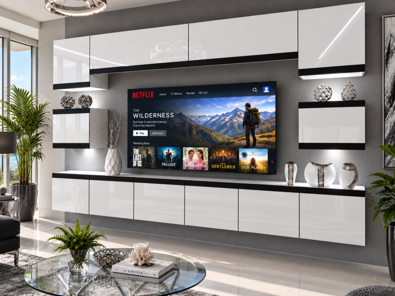 Mobilă de sufragerie Prestige 300 cm TV/RTV alb lucios Producător IMP P Tarantino 3/5/W/W/0/0/CM