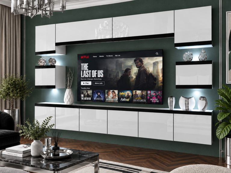 Mobilă de sufragerie Prestige 300 cm TV/RTV alb lucios Producător IMP P Tarantino 3/5/W/W/0/0/CM