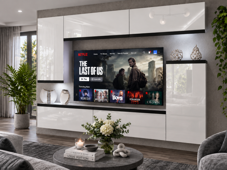 Mobilă sufragerie Prestige 250 cm pentru TV/RTV, alb lucios, Producător: IMP P Woody 8/5/W/W/0/0/CM