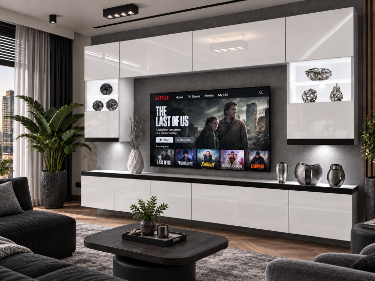 Meblościanka Prestige 300 cm TV/RTV biała połysk Producent IMP P1 Nolan 1/5/W/W/0/0/CM