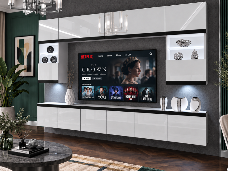 Mobilă de sufragerie Prestige 300 cm TV/RTV alb lucios Producător IMP P2 Nolan 1/5/W/W/0/0/CM
