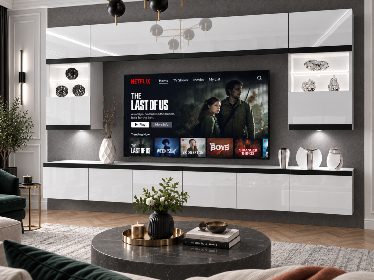 Mobilă de sufragerie Prestige 300 cm TV/RTV alb lucios Producător IMP P2 Nolan 1/5/W/W/0/0/CM