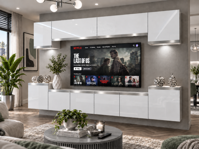 Mobilă de sufragerie  Prestige 300 cm TV/RTV alb lucios Producător IMP P Hepburn 4/5/W/W/0/0/SL