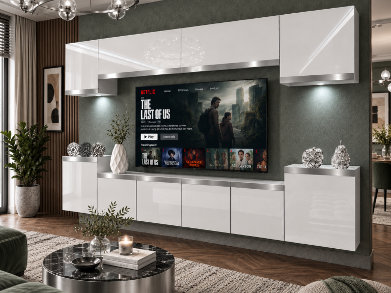 Mobilă de sufragerie  Prestige 300 cm TV/RTV alb lucios Producător IMP P Hepburn 4/5/W/W/0/0/SL
