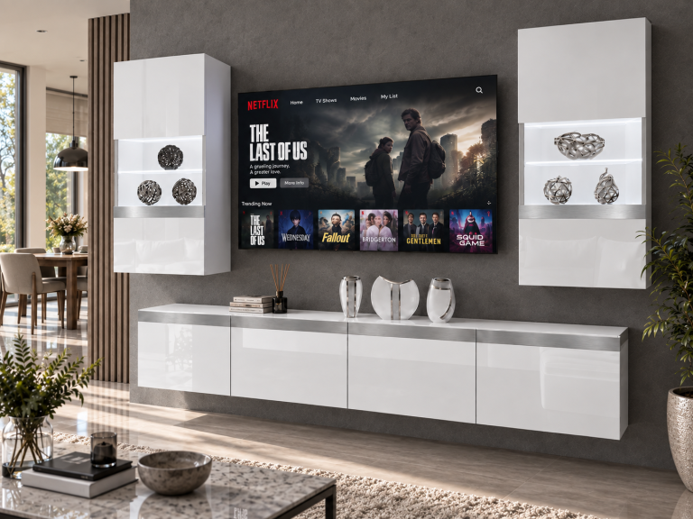 Mobilă sufragerie Prestige 200 cm pentru TV/RTV, gri lucios, Producător: IMP P Keanu 7/5/W/W/0/0/SL