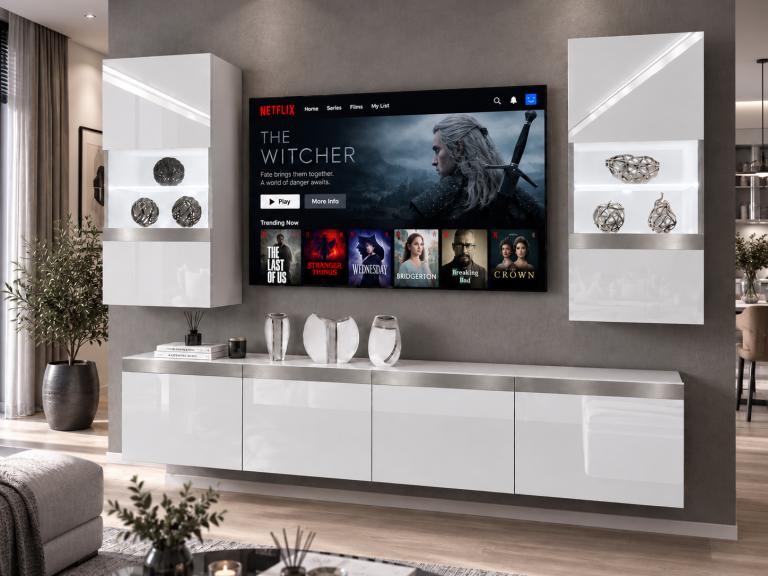 Mobilă sufragerie Prestige 200 cm pentru TV/RTV, gri lucios, Producător: IMP P Keanu 7/5/W/W/0/0/SL