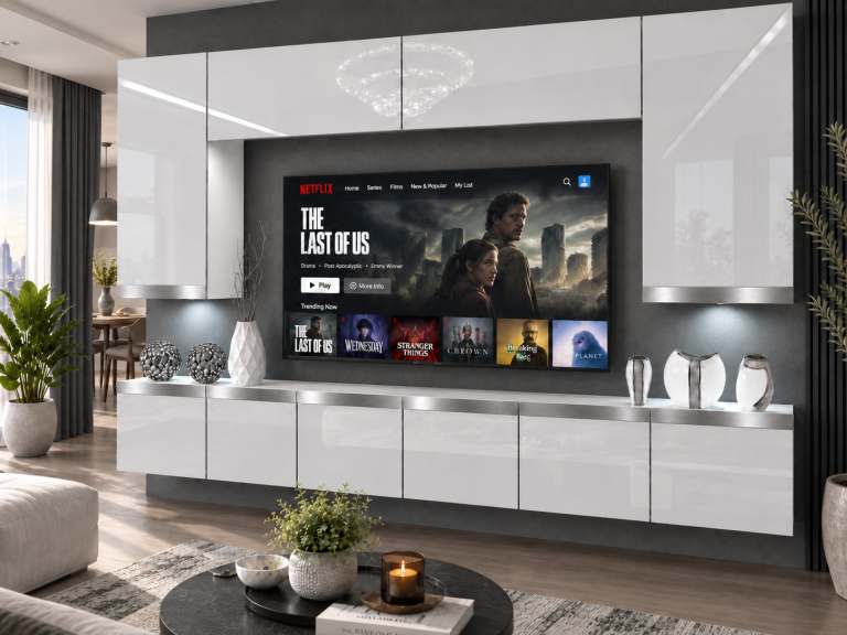 Mobilă de sufragerie Prestige 300 cm TV/RTV alb lucios Producător IMP P Monroe 2/5/W/W/0/0/SL