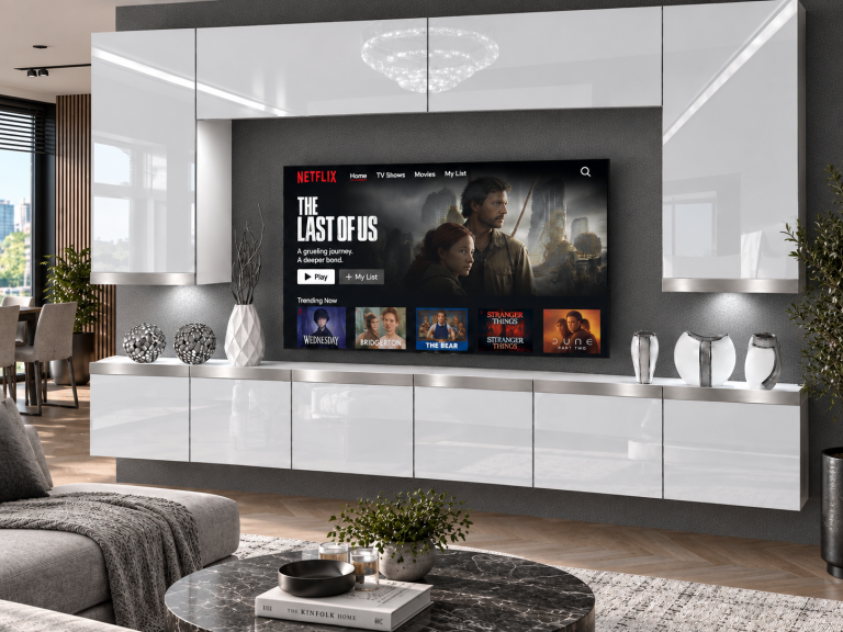 Mobilă de sufragerie Prestige 300 cm TV/RTV alb lucios Producător IMP P Monroe 2/5/W/W/0/0/SL