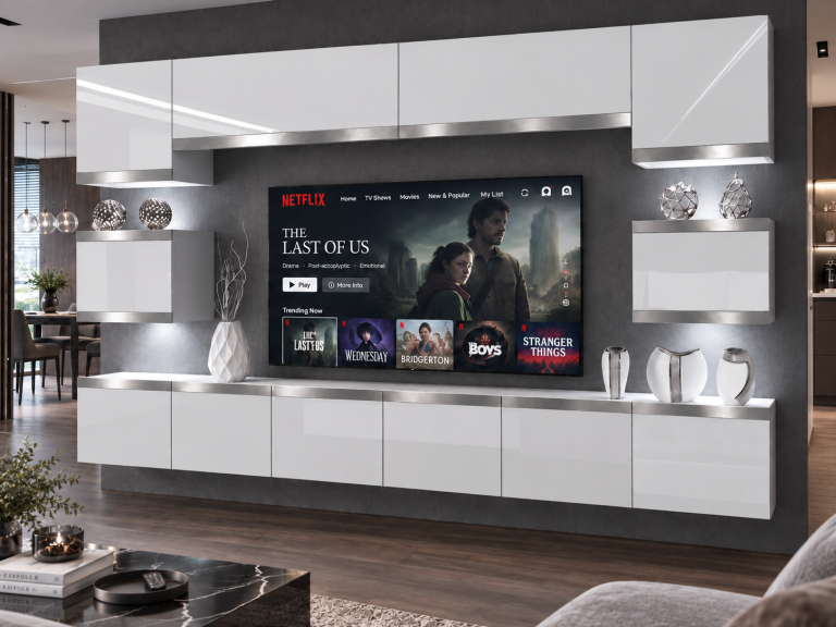 Mobilă de sufragerie  Prestige 300 cm TV/RTV alb lucios Producător IMP P Tarantino 3/5/W/W/0/0/SL