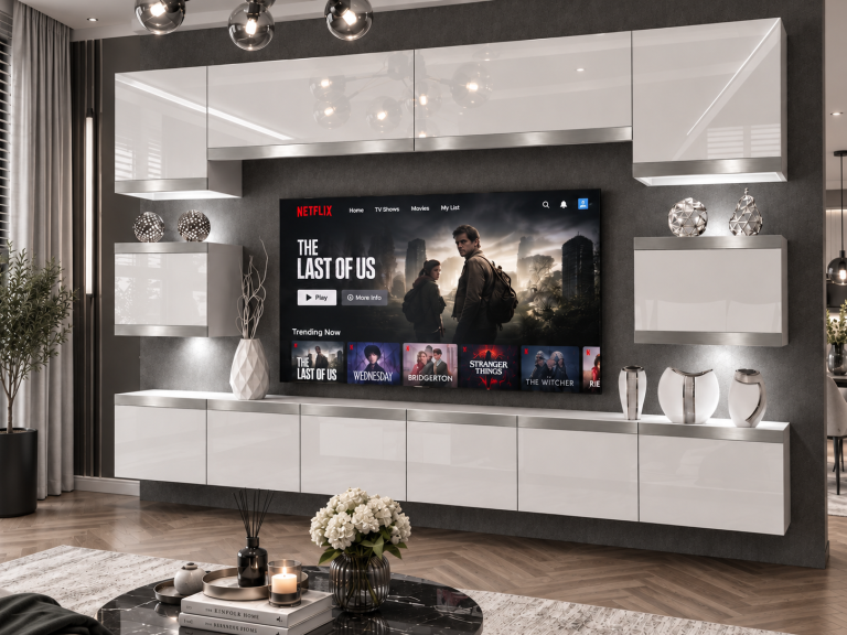 Mobilă de sufragerie  Prestige 300 cm TV/RTV alb lucios Producător IMP P Tarantino 3/5/W/W/0/0/SL