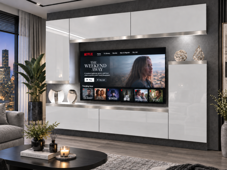 Mobilă sufragerie Prestige 250 cm pentru TV/RTV, alb lucios, Producător: IMP P Woody 8/5/W/W/0/0/SL