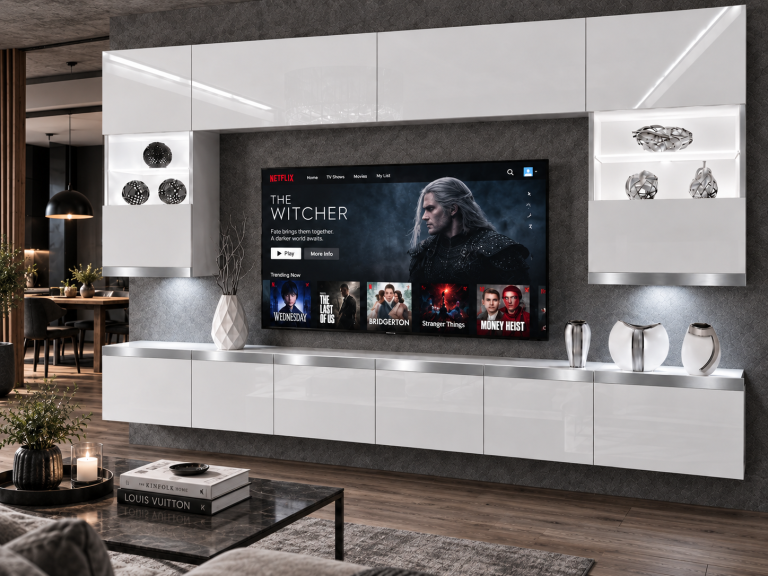 Mobilă de sufragerie Prestige 300 cm TV/RTV alb lucios Producător IMP P1 Nolan 1/5/W/W/0/0/SL