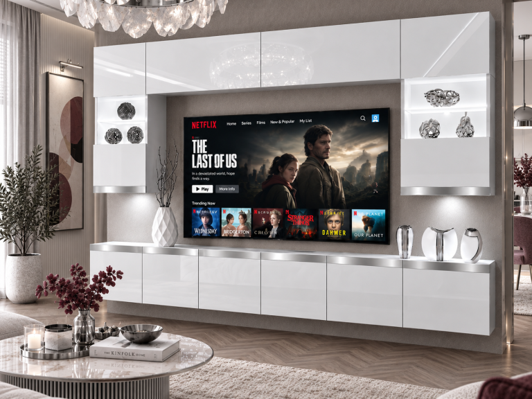 Mobilă de sufragerie Prestige 300 cm TV/RTV alb lucios Producător IMP P1 Nolan 1/5/W/W/0/0/SL