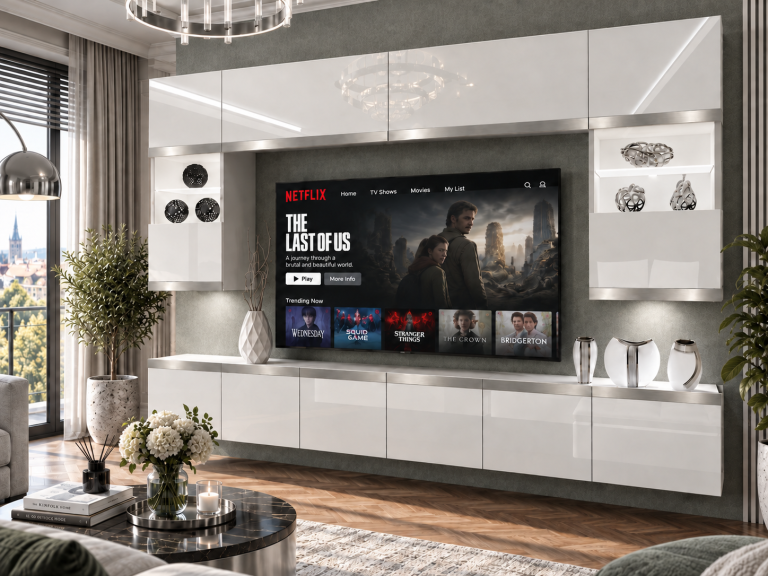 Mobilă de sufragerie Prestige 300 cm TV/RTV alb lucios Producător IMP P2 Nolan 1/5/W/W/0/0/SL