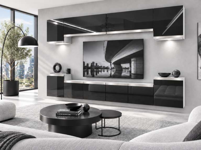 Mobilă de sufragerie Prestige 300 cm TV/RTV negru lucios Producător IMP P Hepburn 4/5/W/B/0/0/SL
