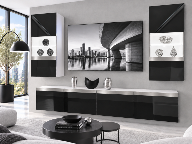 Mobilă sufragerie Prestige 200 cm pentru TV/RTV, negru lucios, Producător: IMP P Keanu 7/5/W/B/0/0/SL
