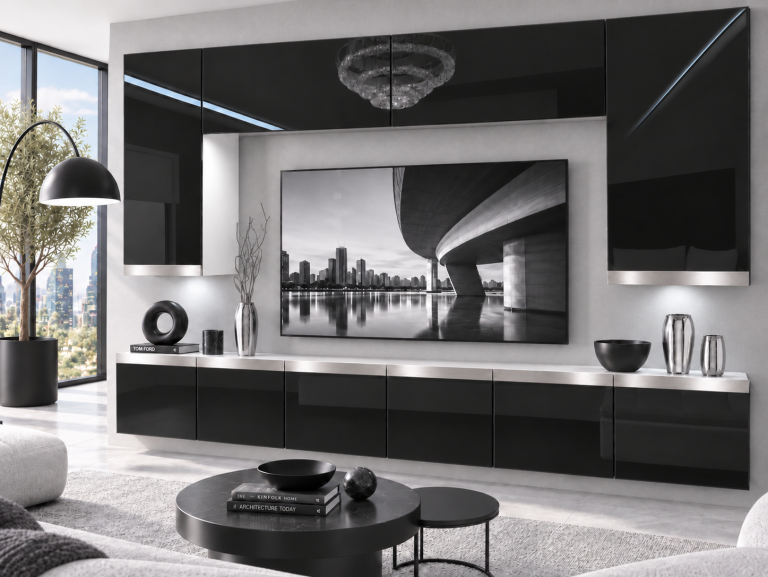 Mobilă de sufragerie Prestige 300 cm TV/RTV negru lucios Producător IMP P Monroe 2/5/W/B/0/0/SL