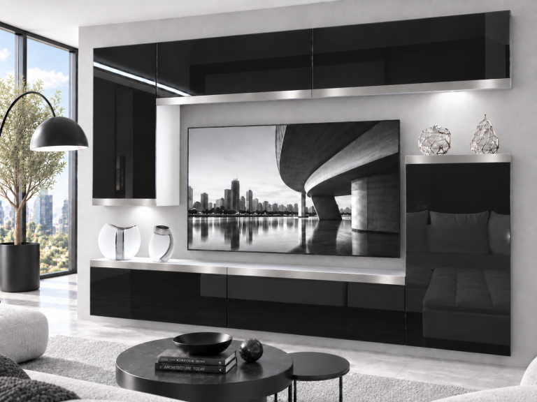 Mobilă sufragerie Prestige 250 cm pentru TV/RTV, negru lucios, Producător: IMP P Woody 8/5/W/B/0/0/SL