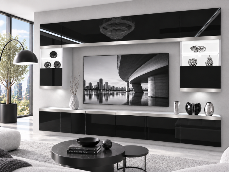 Mobilă de sufragerie Prestige 300 cm TV/RTV negru lucios Producător IMP P2 Nolan 1/5/W/B/0/0/SL