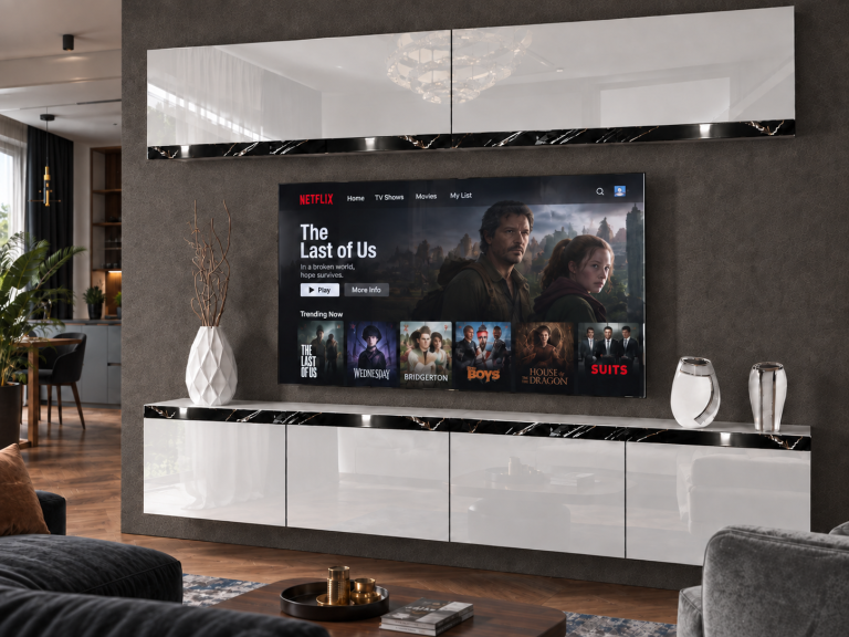 Mobilă de sufragerie Prestige 200 cm TV/RTV alb lucios Producător IMP P Brando 6/5/W/W/0/0/CS