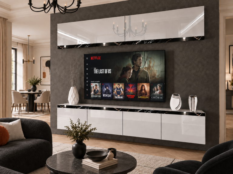 Mobilă de sufragerie Prestige 200 cm TV/RTV alb lucios Producător IMP P Brando 6/5/W/W/0/0/CS