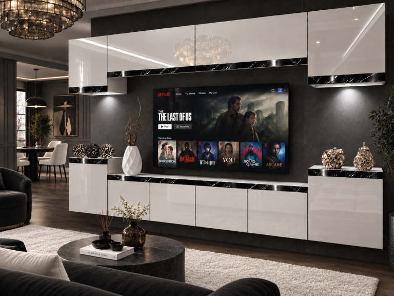 Mobilă de sufragerie Prestige 300 cm TV/RTV alb lucios Producător IMP P Hepburn 4/5/W/W/0/0/CS