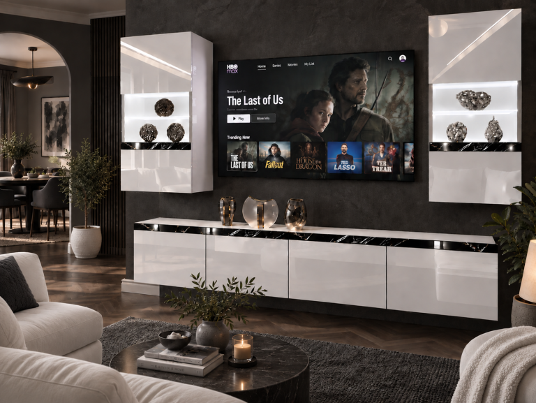 Mobilă sufragerie  Prestige 200 cm pentru TV/RTV, alb lucios, Producător: IMP P Keanu 7/5/W/W/0/0/CS
