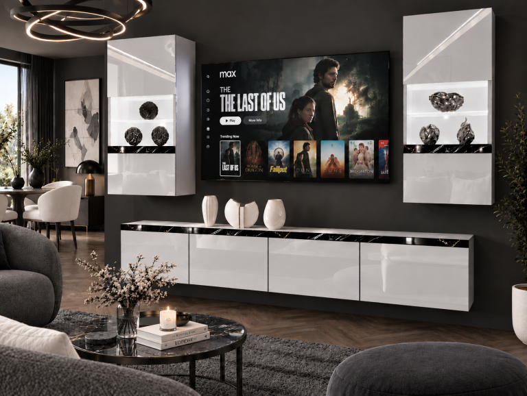 Mobilă sufragerie  Prestige 200 cm pentru TV/RTV, alb lucios, Producător: IMP P Keanu 7/5/W/W/0/0/CS