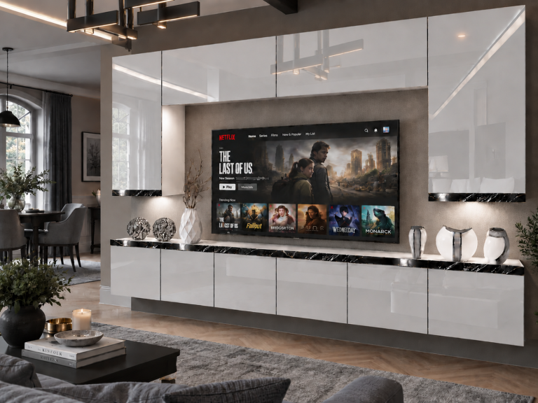 Mobilă de sufragerie Prestige 300 cm TV/RTV alb lucios Producător IMP P Monroe 2/5/W/W/0/0/CS