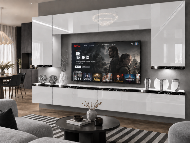 Mobilă de sufragerie Prestige 300 cm TV/RTV alb lucios Producător IMP P Monroe 2/5/W/W/0/0/CS