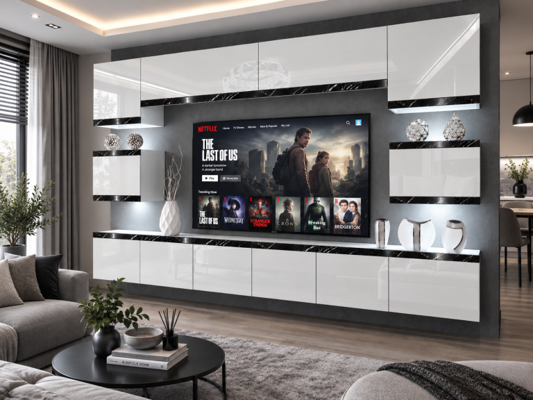 Mobilă de sufragerie Prestige 300 cm TV/RTV alb lucios Producător IMP P Tarantino 3/5/W/W/0/0/CS
