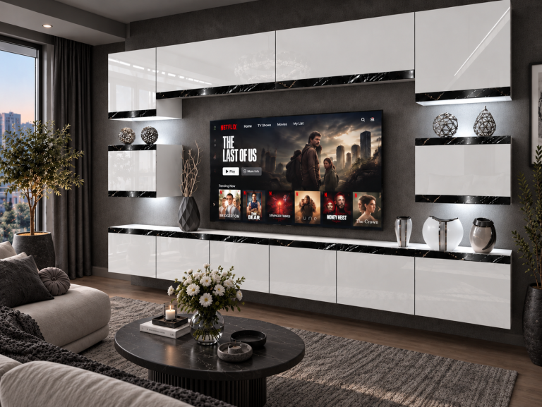 Mobilă de sufragerie Prestige 300 cm TV/RTV alb lucios Producător IMP P Tarantino 3/5/W/W/0/0/CS