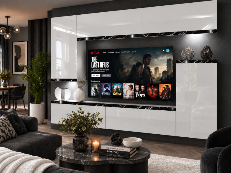 Mobilă sufragerie Prestige 250 cm pentru TV/RTV, alb lucios, Producător: IMP P Woody 8/5/W/W/0/0/CS