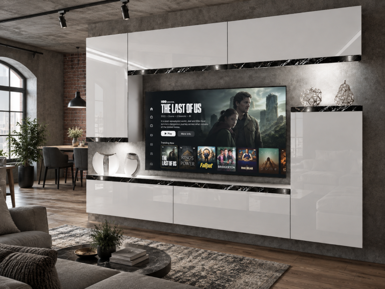 Mobilă sufragerie Prestige 250 cm pentru TV/RTV, alb lucios, Producător: IMP P Woody 8/5/W/W/0/0/CS