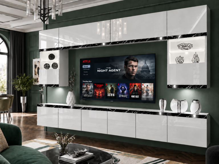 Mobilă de sufragerie Prestige 300 cm TV/RTV alb lucios Producător IMP P2 Nolan 1/5/W/W/0/0/CS